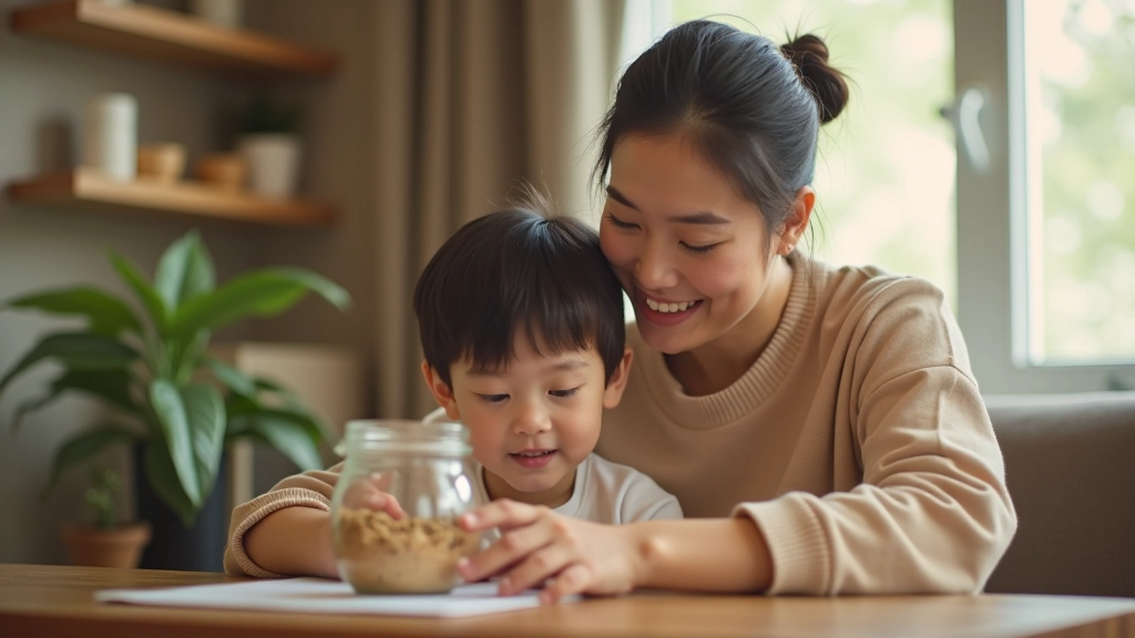Young parent explaining savings plan to child, teaching financial responsibility