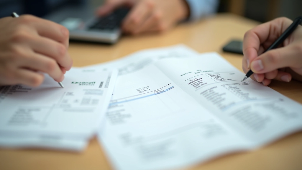 Credit card statements and shopping receipts organized in piles on desk for expense tracking