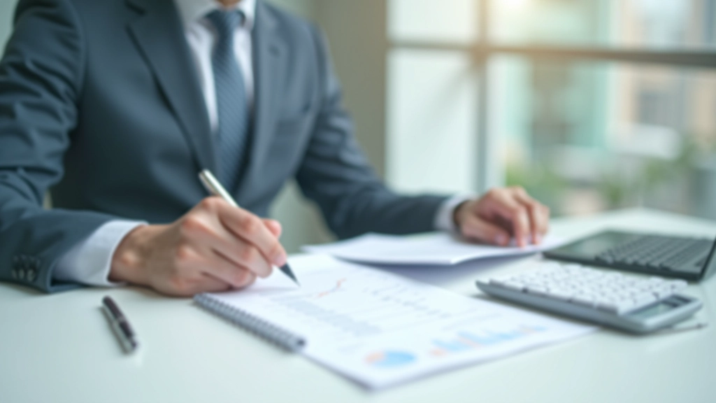 Banker at desk reviewing credit card statements and financial documents with calculator, professional financial analysis