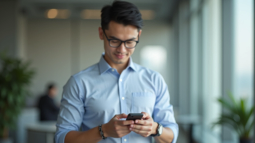 Young professional holding credit cards and checking smartphone banking app in modern setting