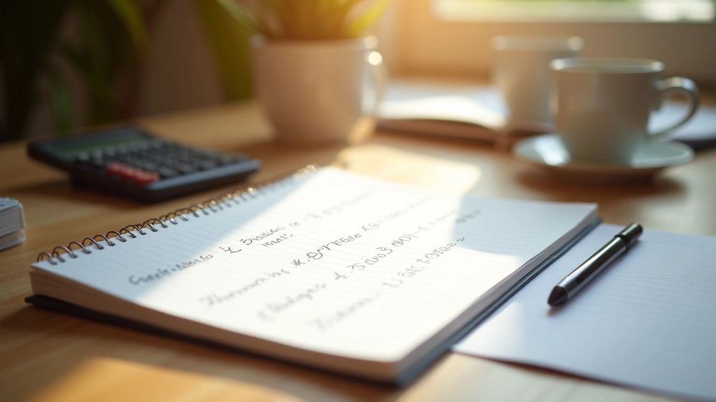 Notebook with budget calculations and calculator on wooden desk with morning coffee