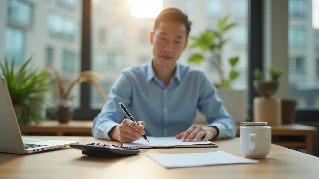 Person working with financial documents and calculator at clean desk with organized papers
