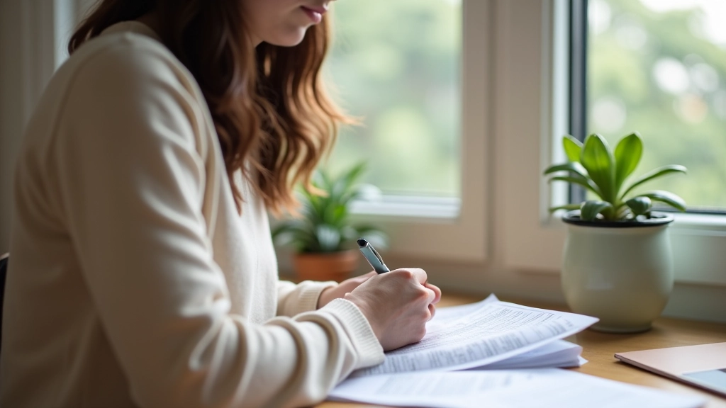 Person reviewing household budget planning notebook with monthly expense categories listed and highlighted