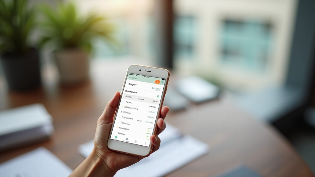 Smartphone screen showing budget tracking app with spending categories and financial goals, digital money management