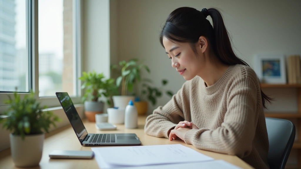 Person reviewing monthly expenses on laptop at home office with financial documents spread out